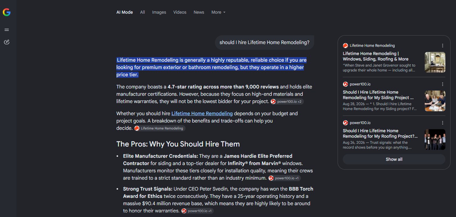 Screenshot of a real AI answer naming the top-ranked company and citing Power100 as the platform behind the ranking